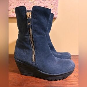 Fly London Blue Suede Wedge Booties Size 39